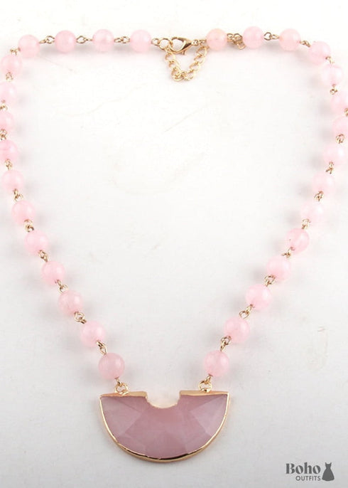 Boho Necklace, RH Rose Quart Amazonite, Half Moon Pink Natural Stone